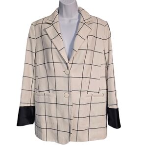 Tory Burch  Blazer Holt Windowpane 2 Button Ivory Black Wool 3/4 Sleeve Size 12